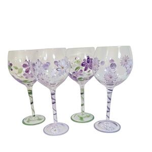 4 Hand-Painted Long-Stem Wine Glasses 16 oz. Each